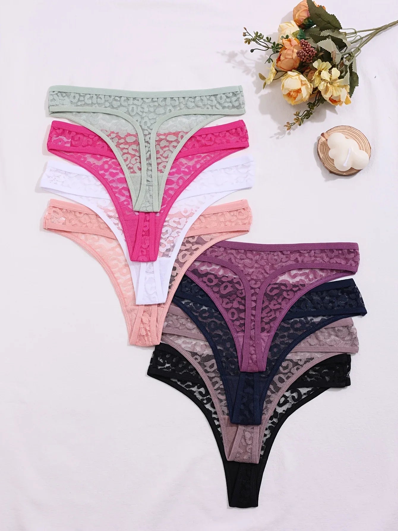 Set of 8 Sexy Lace Women'S Panties, Mid-Rise, Transparent Floral Design, Alluring Lingerie, Breathable Underwear. - Luvia