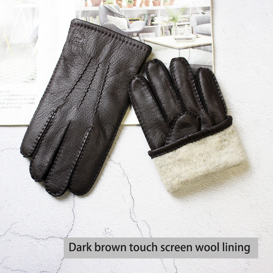 Deerskin Gloves Men's Touch Screen High-Quality Leather 2025 New Hand-Stitched Thin Wool Lining Keeps Warm in Autumn and Winter