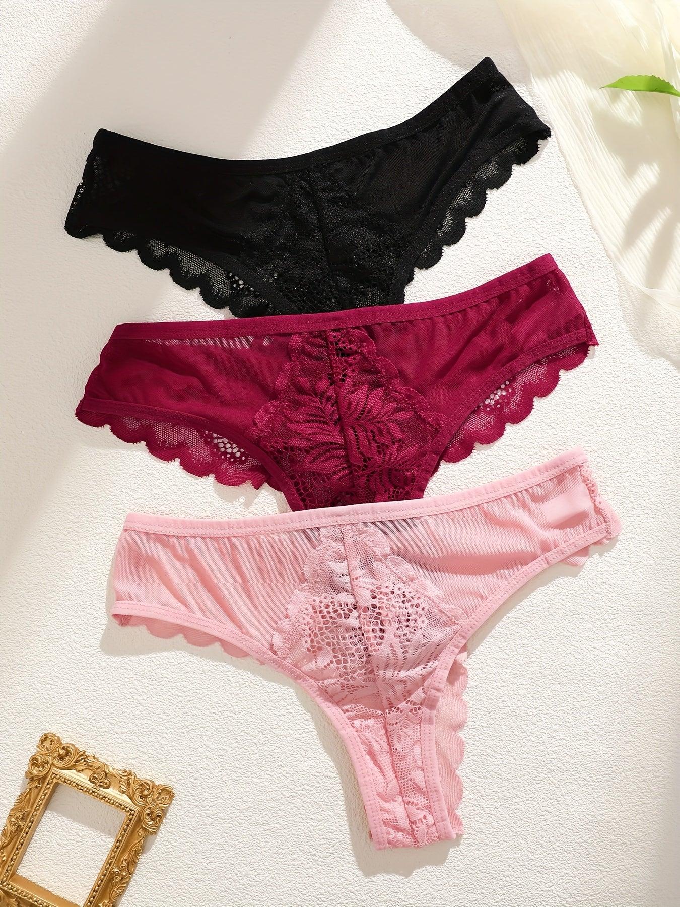 3pcs Women's Lace Thong Set, Sexy Semi-Sheer Panties - Luvia