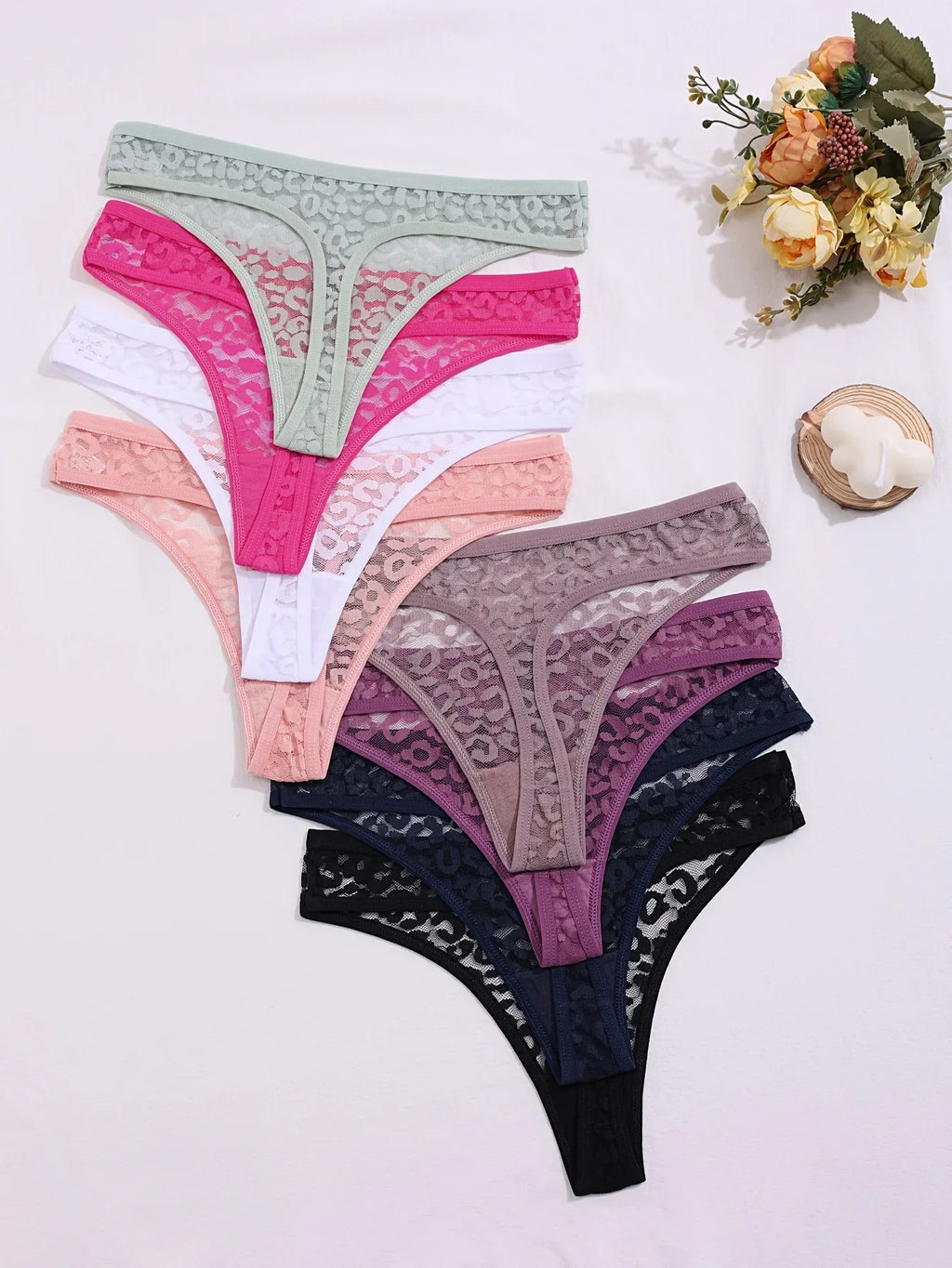 Set of 8 Sexy Lace Women'S Panties, Mid-Rise, Transparent Floral Design, Alluring Lingerie, Breathable Underwear. - Luvia