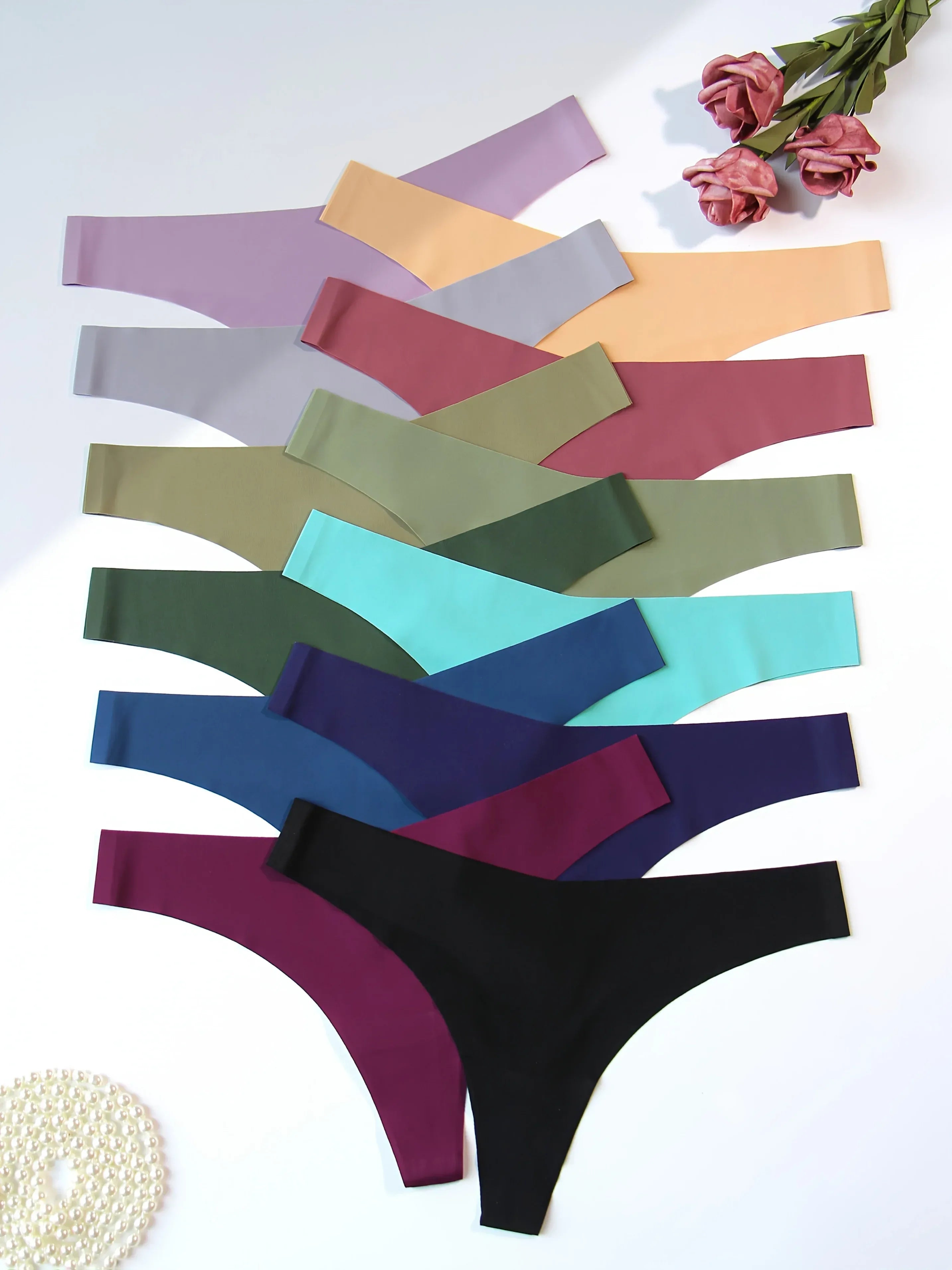 12pcs Set of Seamless V-Style Thongs for Women, Breathable Soft Nylon and Elastane Underwear, Non-Marked Solid Color, Comfortable Low Waist Design - Luvia