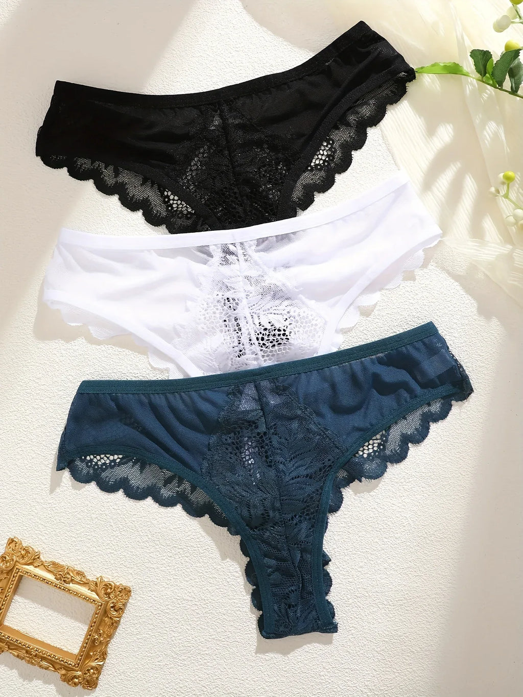 3pcs Women's Lace Thong Set, Sexy Semi-Sheer Panties - Luvia