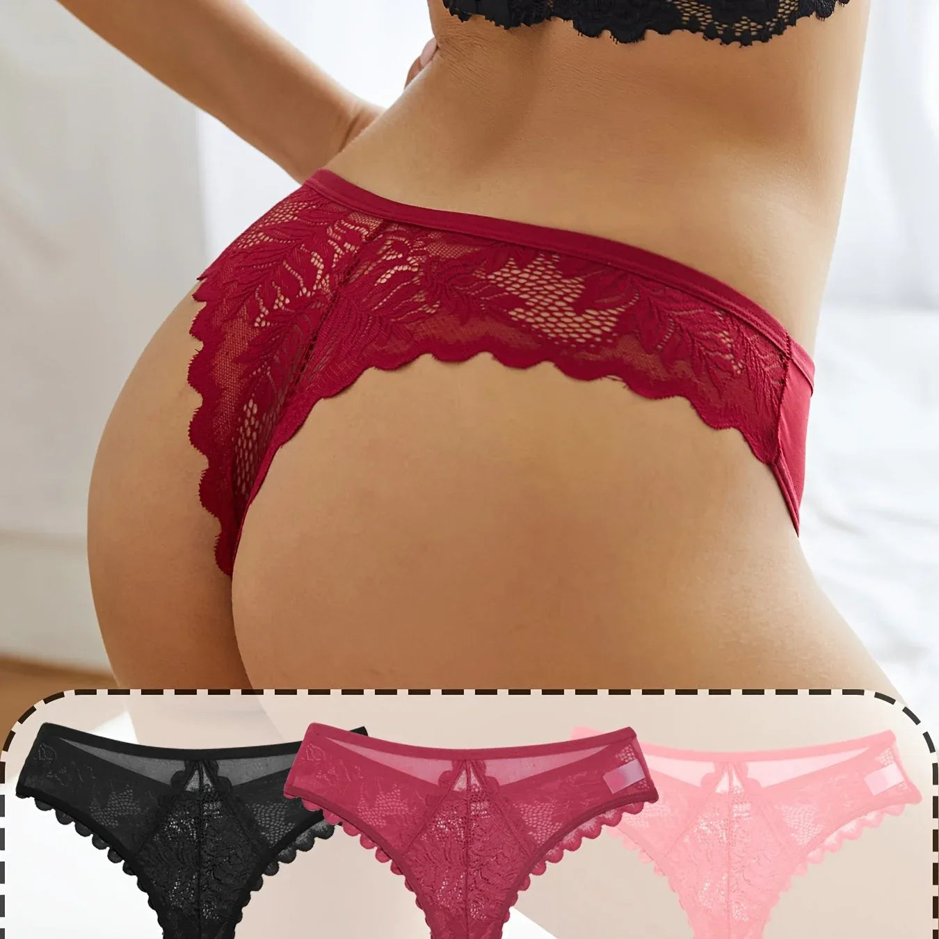 3pcs Women's Lace Thong Set, Sexy Semi-Sheer Panties - Luvia