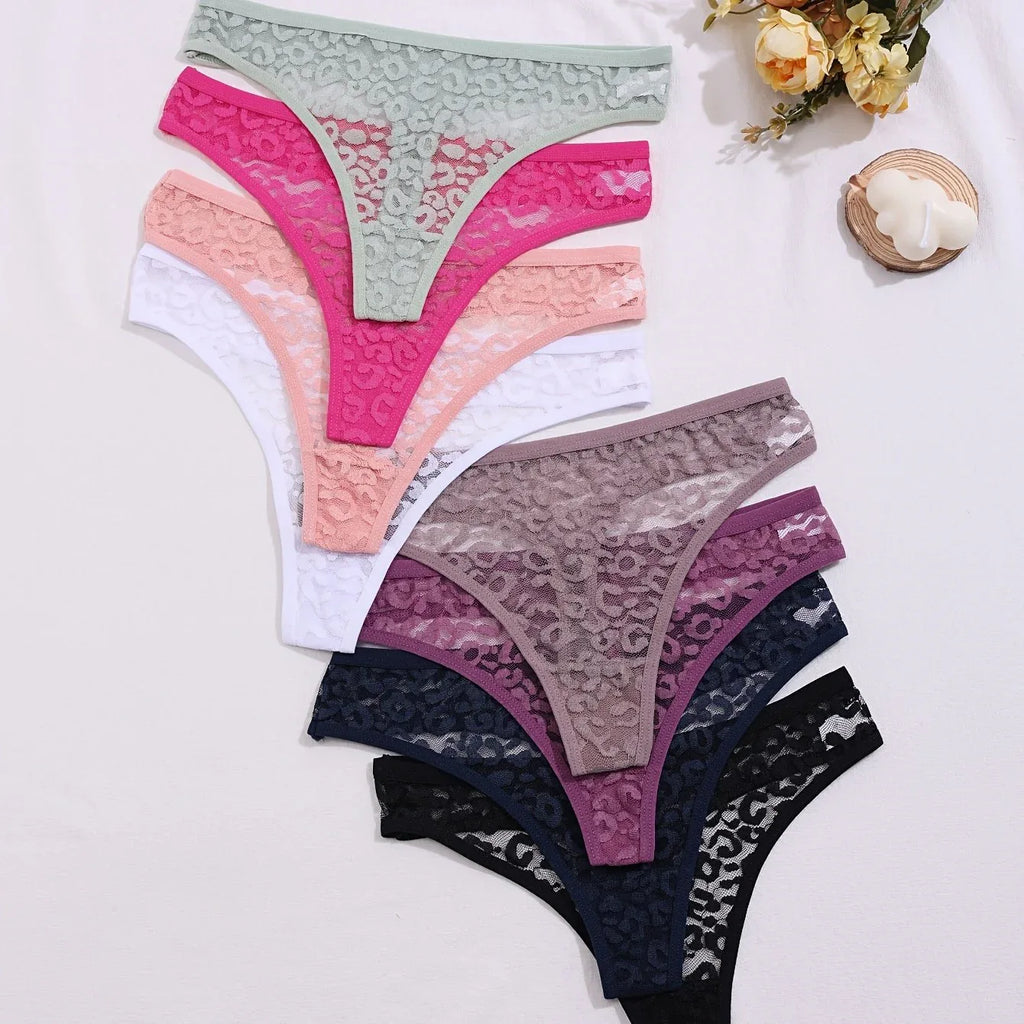 Set of 8 Sexy Lace Women'S Panties, Mid-Rise, Transparent Floral Design, Alluring Lingerie, Breathable Underwear. - Luvia