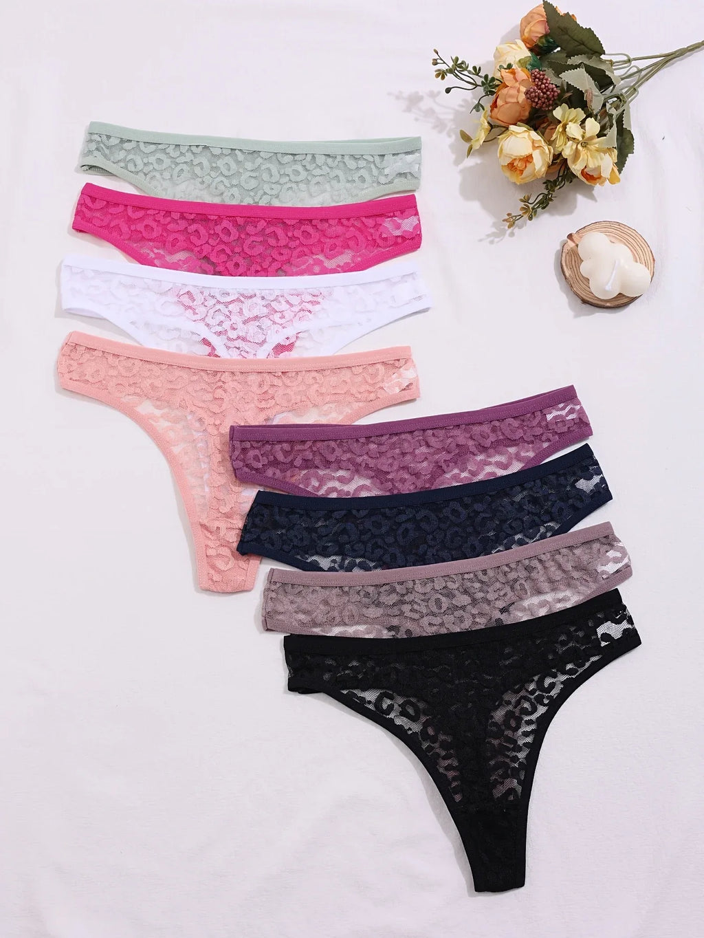 Set of 8 Sexy Lace Women'S Panties, Mid-Rise, Transparent Floral Design, Alluring Lingerie, Breathable Underwear. - Luvia