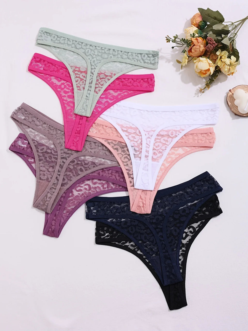 Set of 8 Sexy Lace Women'S Panties, Mid-Rise, Transparent Floral Design, Alluring Lingerie, Breathable Underwear. - Luvia