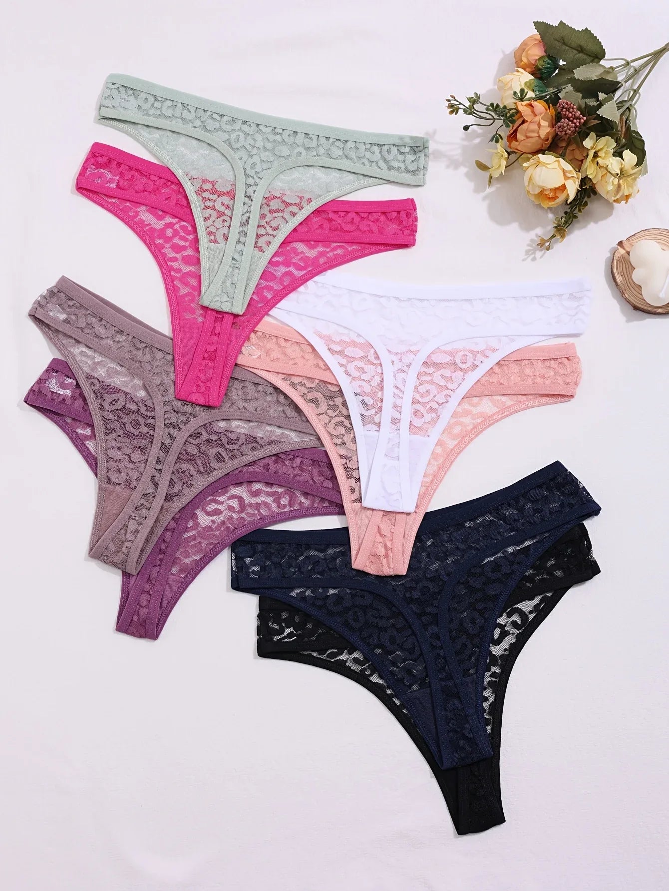 Set of 8 Sexy Lace Women'S Panties, Mid-Rise, Transparent Floral Design, Alluring Lingerie, Breathable Underwear. - Luvia