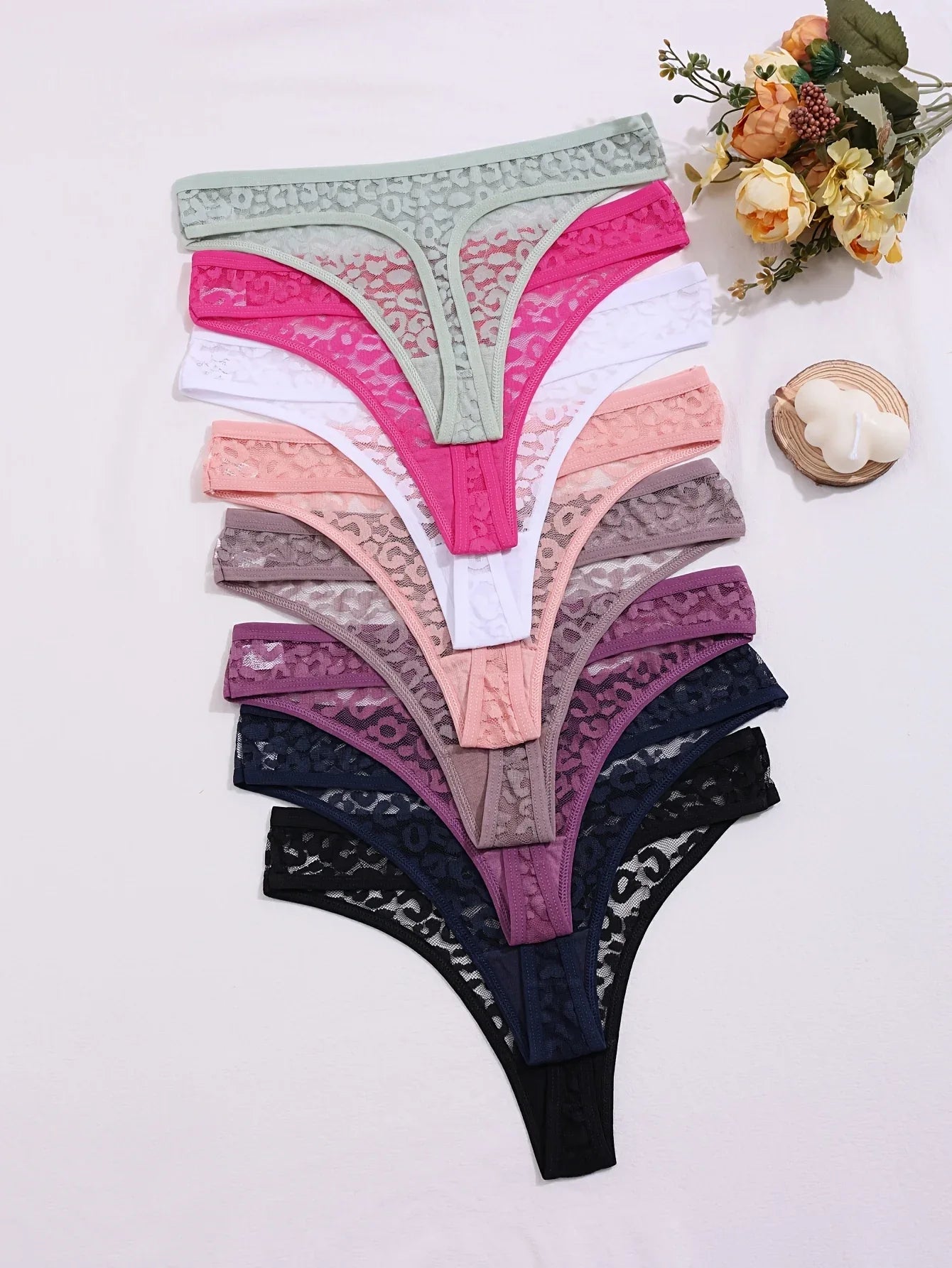 Set of 8 Sexy Lace Women'S Panties, Mid-Rise, Transparent Floral Design, Alluring Lingerie, Breathable Underwear. - Luvia