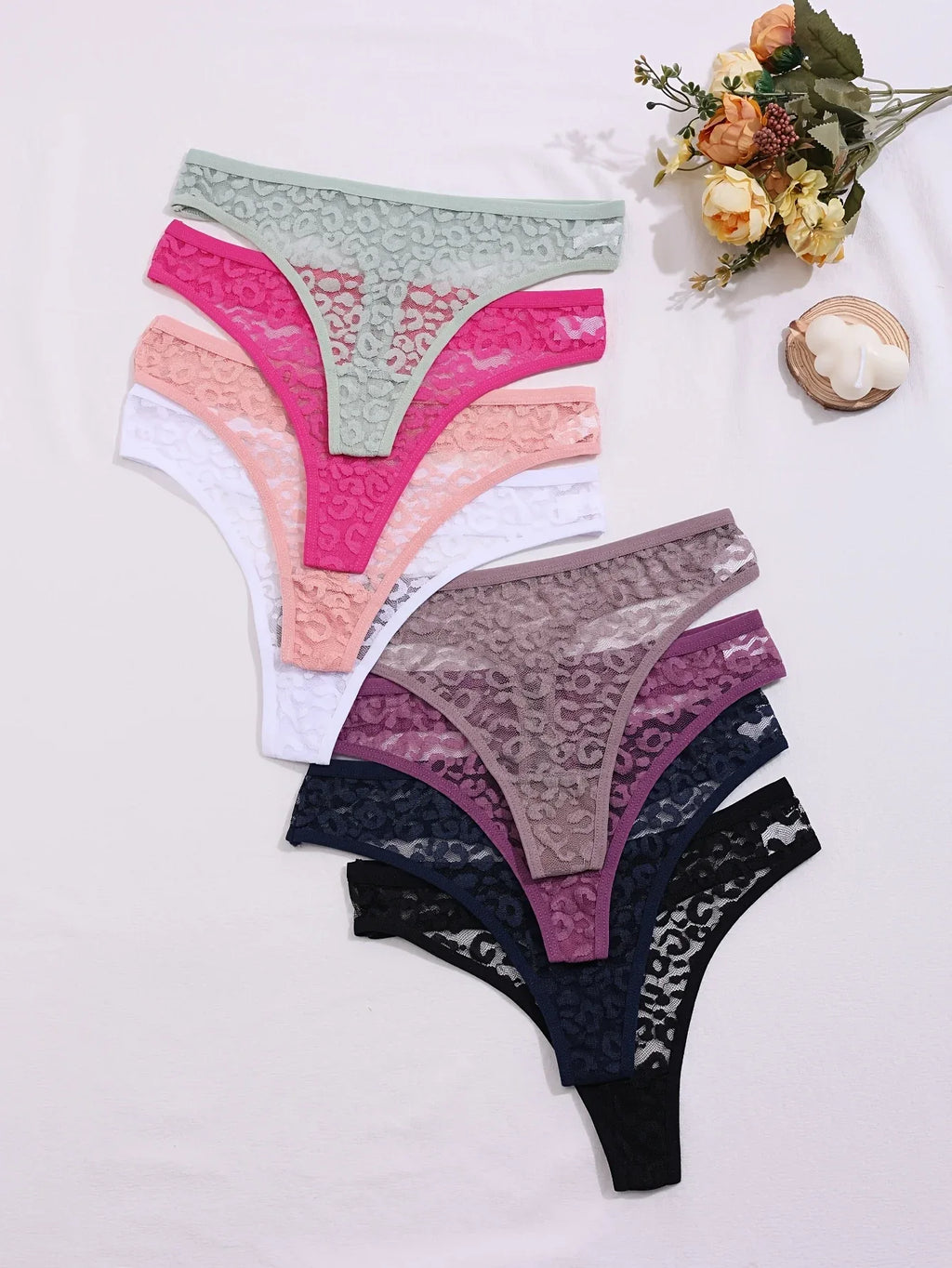 Set of 8 Sexy Lace Women'S Panties, Mid-Rise, Transparent Floral Design, Alluring Lingerie, Breathable Underwear. - Luvia