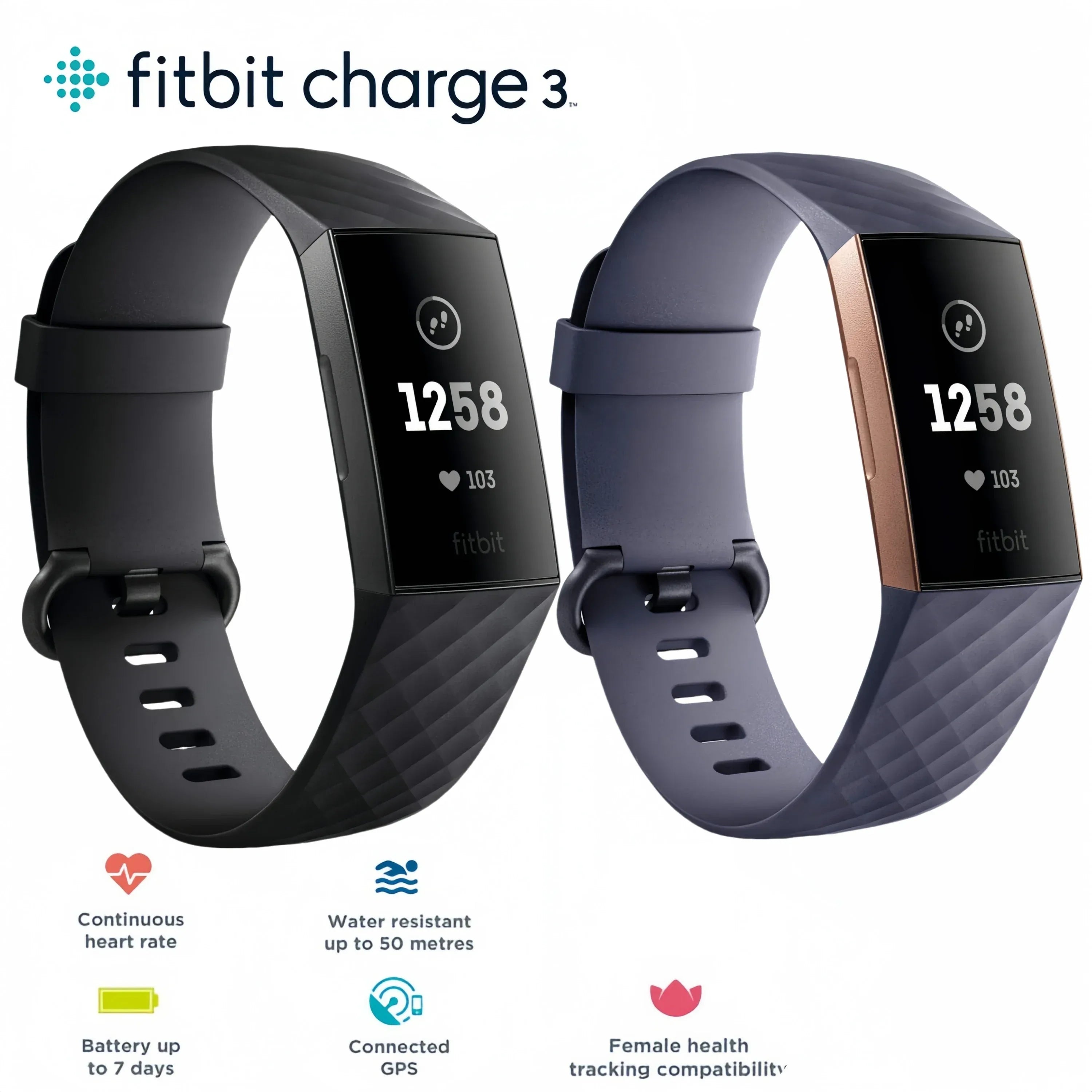 Fitbit Charge 3 Fitness Tracker Smart Watch Heart Rate Monitor Sleep Steps Exercise Waterproof Band for Men Women Health Sports - Luvia