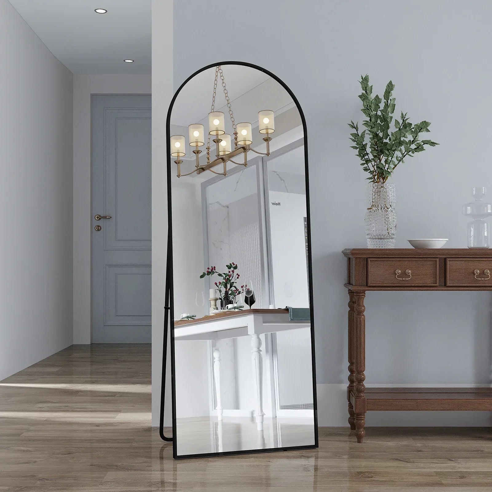 Anajqaqia 162x53cm Vertical Floor Mirror, Aluminum Frame Tempered Glass Curved Mirror for Living Room, Bedroom, Black - Luvia