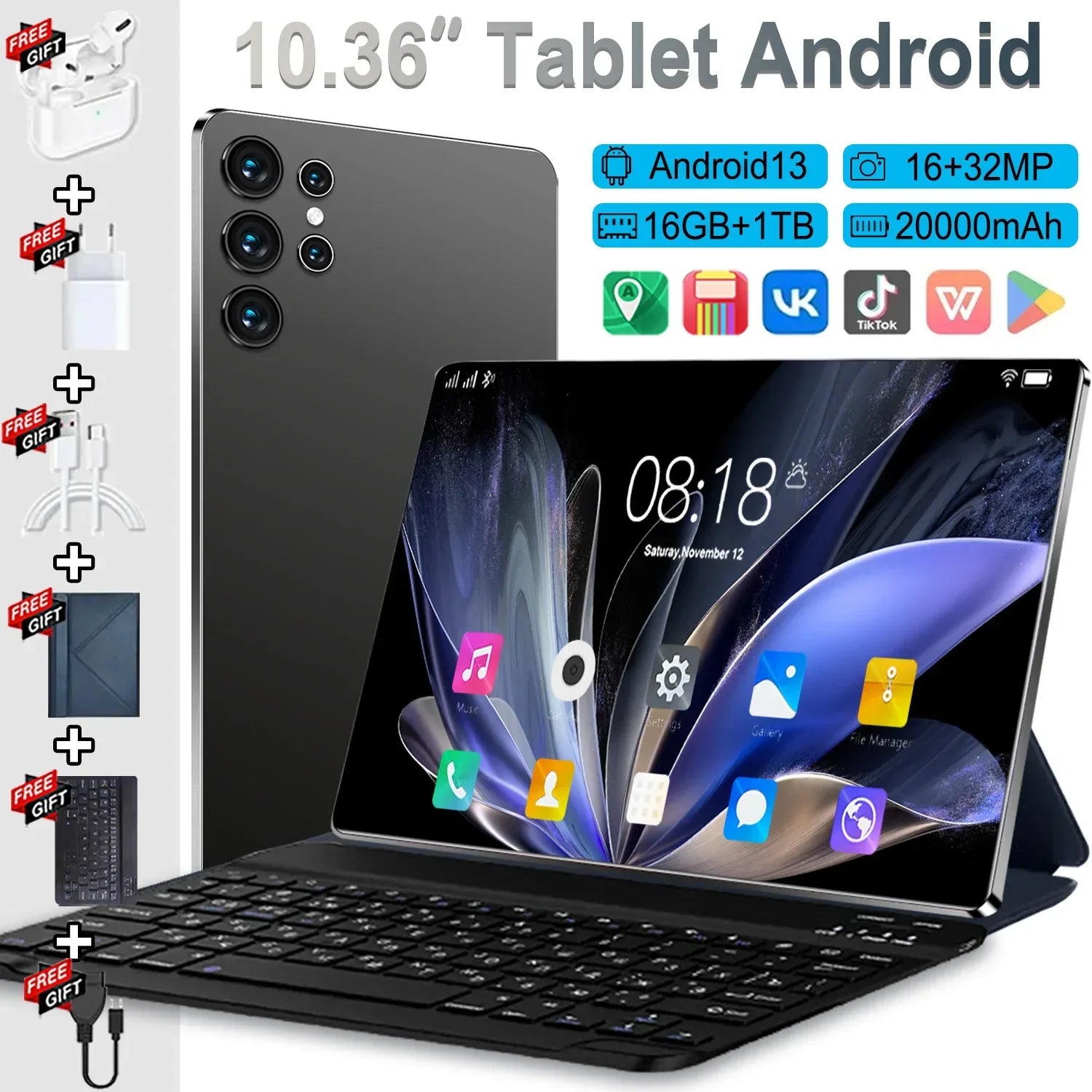 5G Big HD screen 10.36-inch Tablet Android 16GB RAM 1TB ROM 20000mAh Android 13.0 14 Core Tablet PC Type-C Dual Camera 16MP+32MP Dual SIM card Network WIFI Bluetooth GPS WPS Office Gifts - Luvia