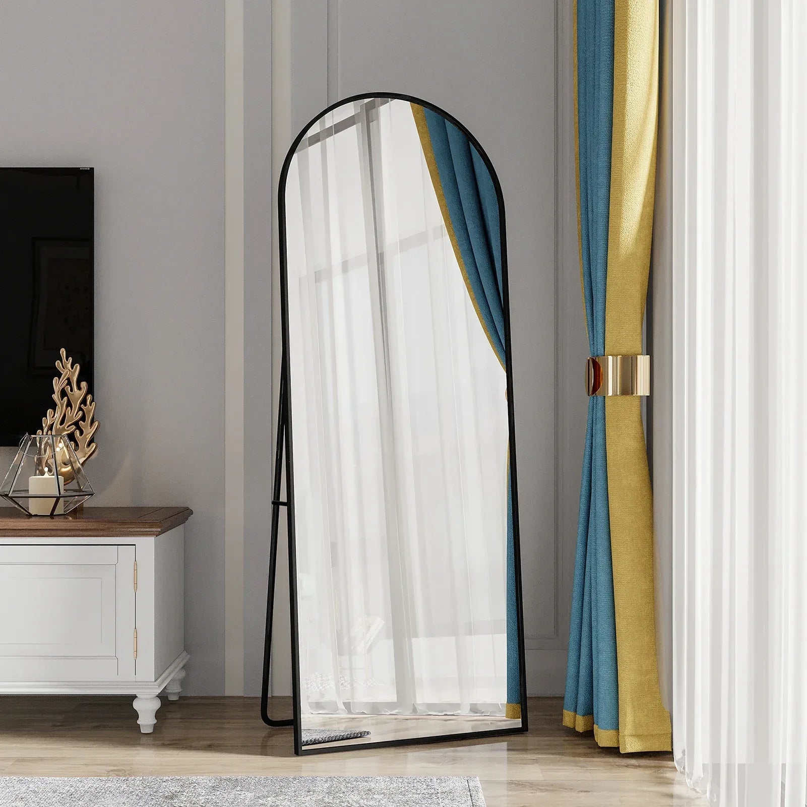 Anajqaqia 162x53cm Vertical Floor Mirror, Aluminum Frame Tempered Glass Curved Mirror for Living Room, Bedroom, Black - Luvia
