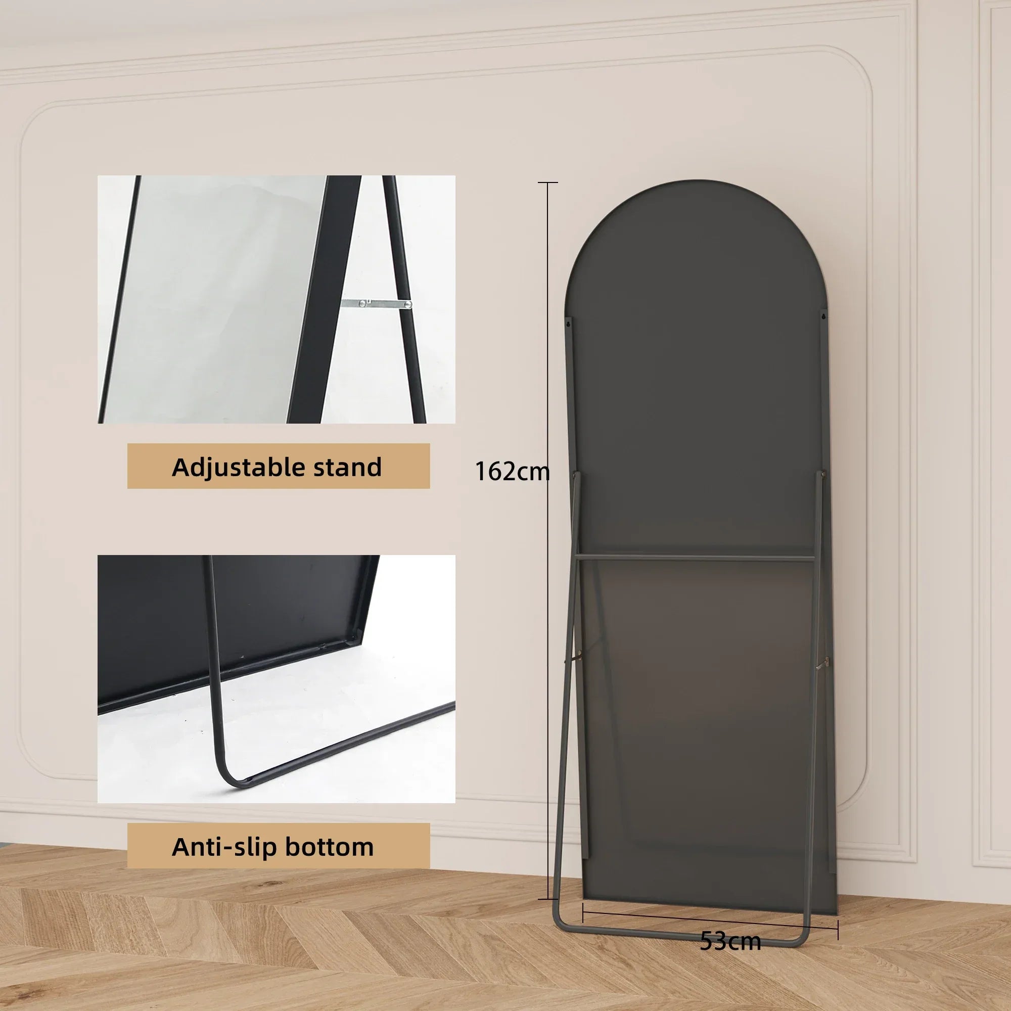 Anajqaqia 162x53cm Vertical Floor Mirror, Aluminum Frame Tempered Glass Curved Mirror for Living Room, Bedroom, Black - Luvia