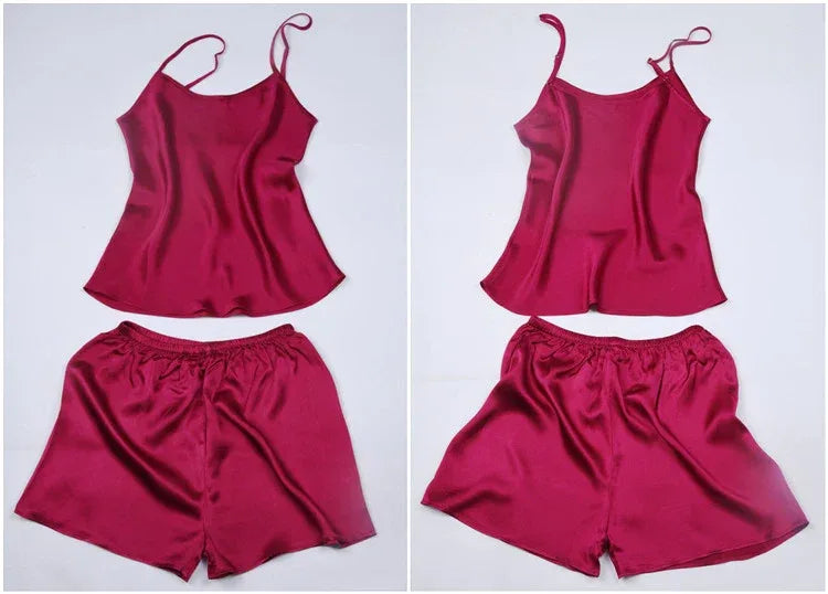 100% Natural silk off shoulder women tops halter top women satin sleep shorts sexy silk pyjamas women set sleepwear night suit - Luvia