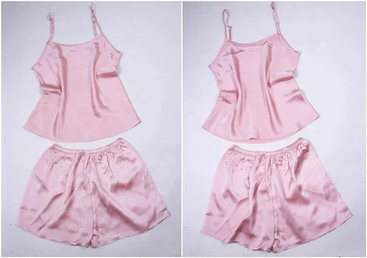 100% Natural silk off shoulder women tops halter top women satin sleep shorts sexy silk pyjamas women set sleepwear night suit - Luvia