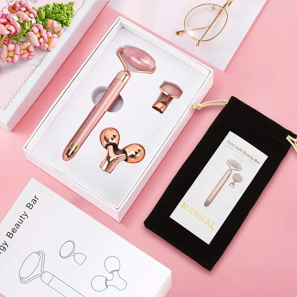 3-in-1 Electric Rose Quartz Jade Roller and Face Massager Set Face Care Tools Eye Massager and 3D Face, Head, Arms,Neck Massager - Luvia