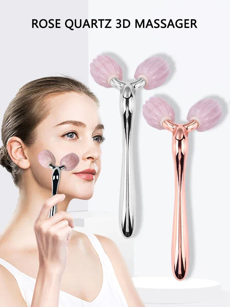 Rose Quartz Jade Roller Facial Massager 3D Massage Face Roller Face-lift Skin Care Tool Thin Face Chin Neck Body Wrinkle Remover - Luvia