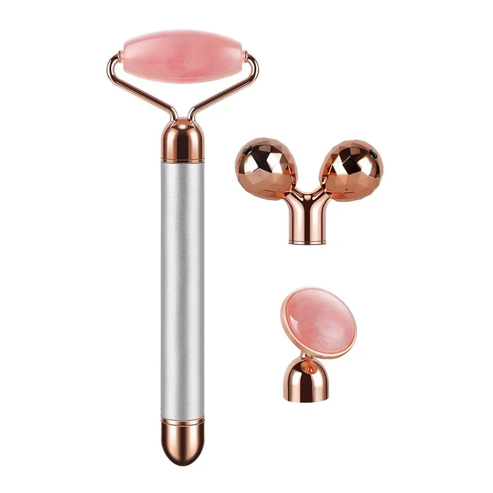 3-in-1 Electric Rose Quartz Jade Roller and Face Massager Set Face Care Tools Eye Massager and 3D Face, Head, Arms,Neck Massager - Luvia