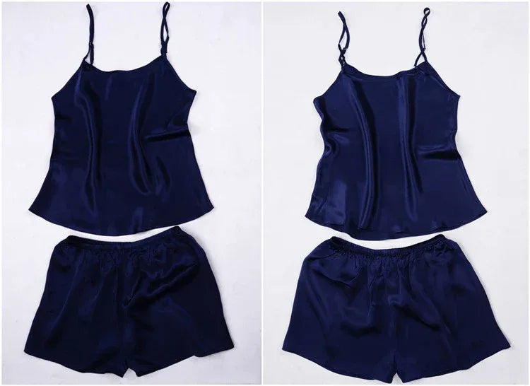 100% Natural silk off shoulder women tops halter top women satin sleep shorts sexy silk pyjamas women set sleepwear night suit - Luvia