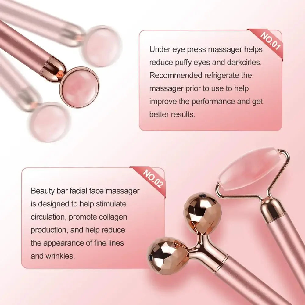 3-in-1 Electric Rose Quartz Jade Roller and Face Massager Set Face Care Tools Eye Massager and 3D Face, Head, Arms,Neck Massager - Luvia