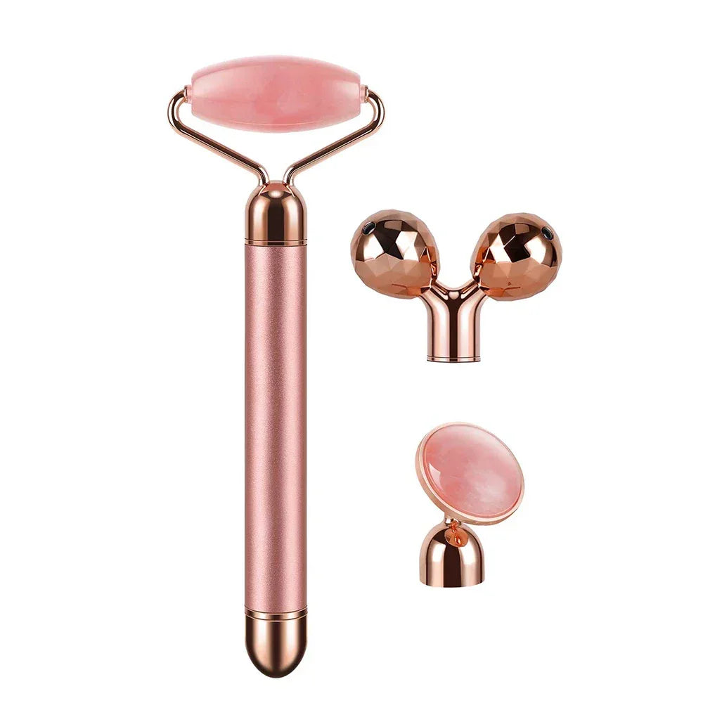 3-in-1 Electric Rose Quartz Jade Roller and Face Massager Set Face Care Tools Eye Massager and 3D Face, Head, Arms,Neck Massager - Luvia