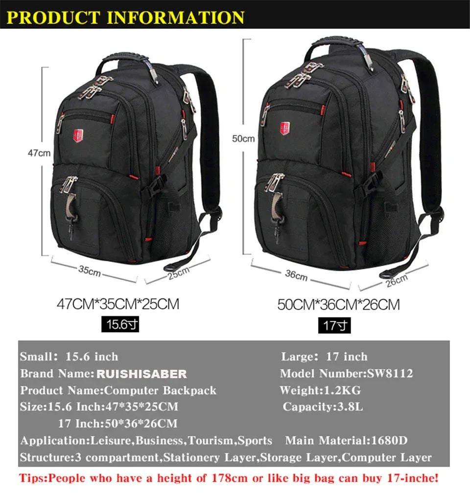 Waterproof Men's Swiss Backpack 15.6/17 Inch Laptop Backpacks School Travel Bags Large Capacity Business bagpack Mochila - Luvia