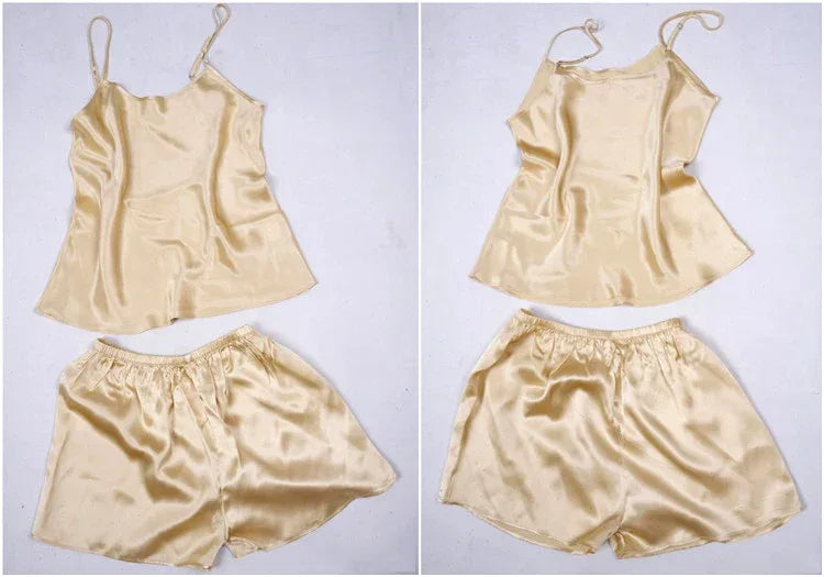 100% Natural silk off shoulder women tops halter top women satin sleep shorts sexy silk pyjamas women set sleepwear night suit - Luvia