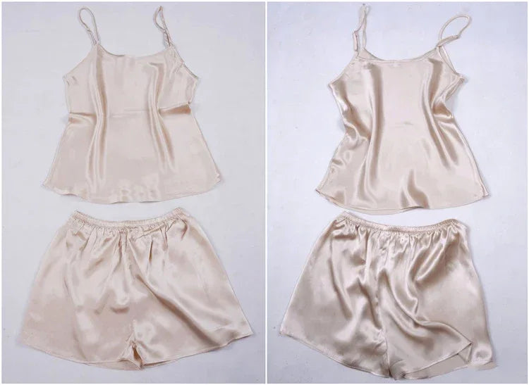 100% Natural silk off shoulder women tops halter top women satin sleep shorts sexy silk pyjamas women set sleepwear night suit - Luvia