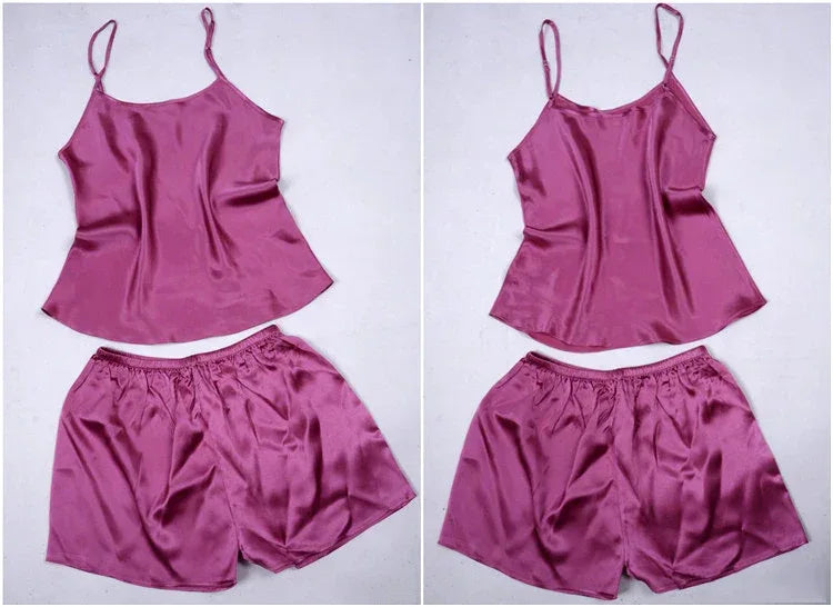 100% Natural silk off shoulder women tops halter top women satin sleep shorts sexy silk pyjamas women set sleepwear night suit - Luvia