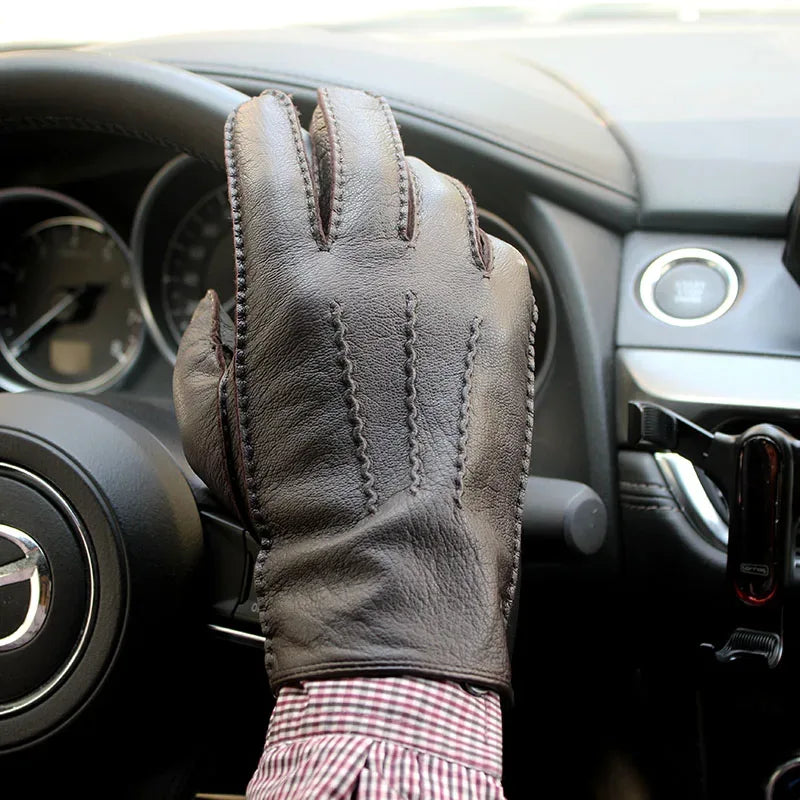 Deerskin Gloves Men's Touch Screen High-Quality Leather 2025 New Hand-Stitched Thin Wool Lining Keeps Warm in Autumn and Winter - Luvia