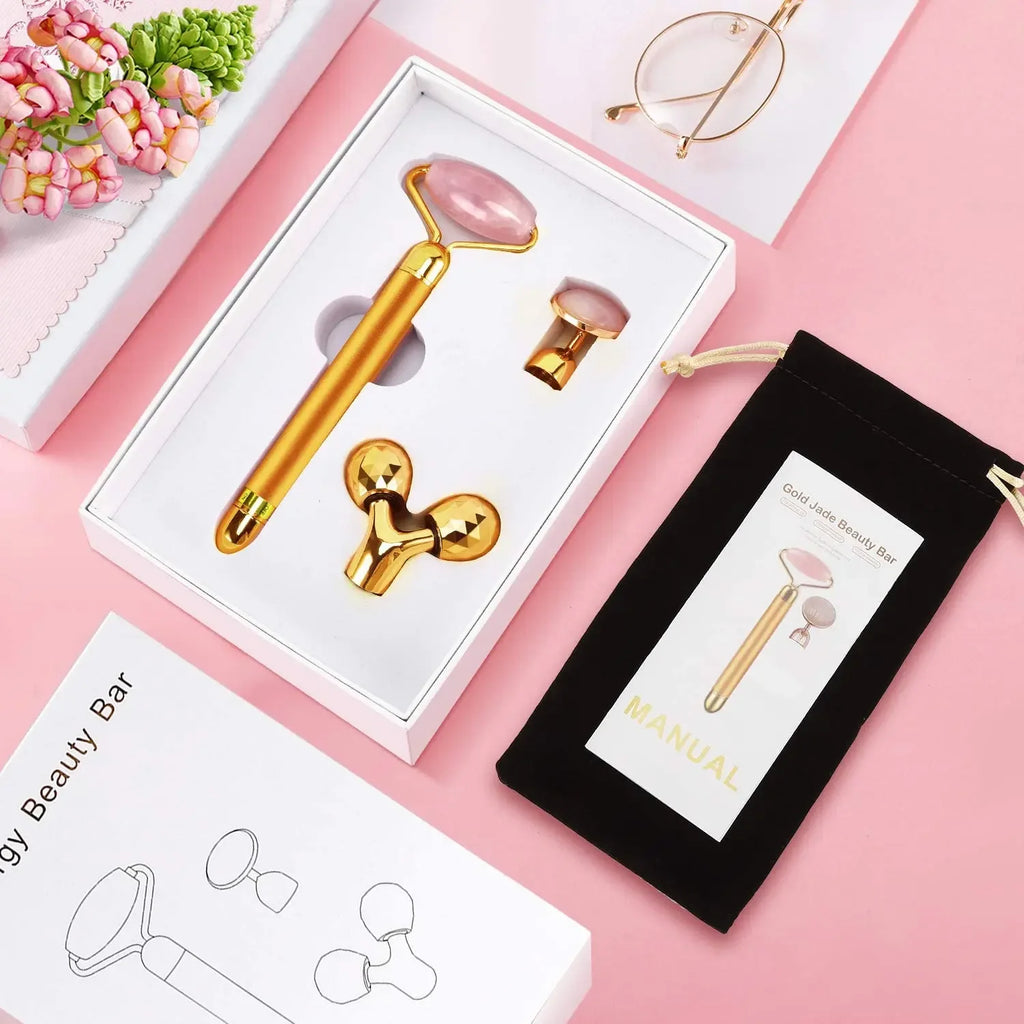 3-in-1 Electric Rose Quartz Jade Roller and Face Massager Set Face Care Tools Eye Massager and 3D Face, Head, Arms,Neck Massager - Luvia