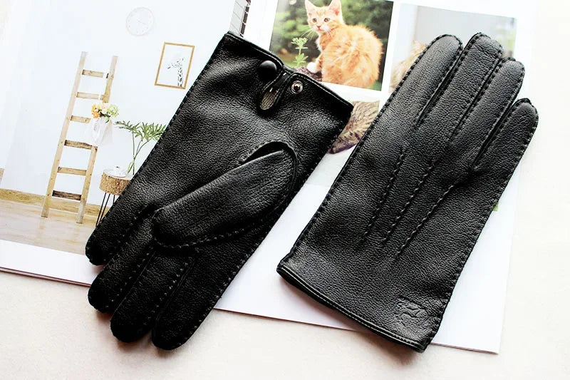 Deerskin Gloves Men's Touch Screen High-Quality Leather 2025 New Hand-Stitched Thin Wool Lining Keeps Warm in Autumn and Winter - Luvia