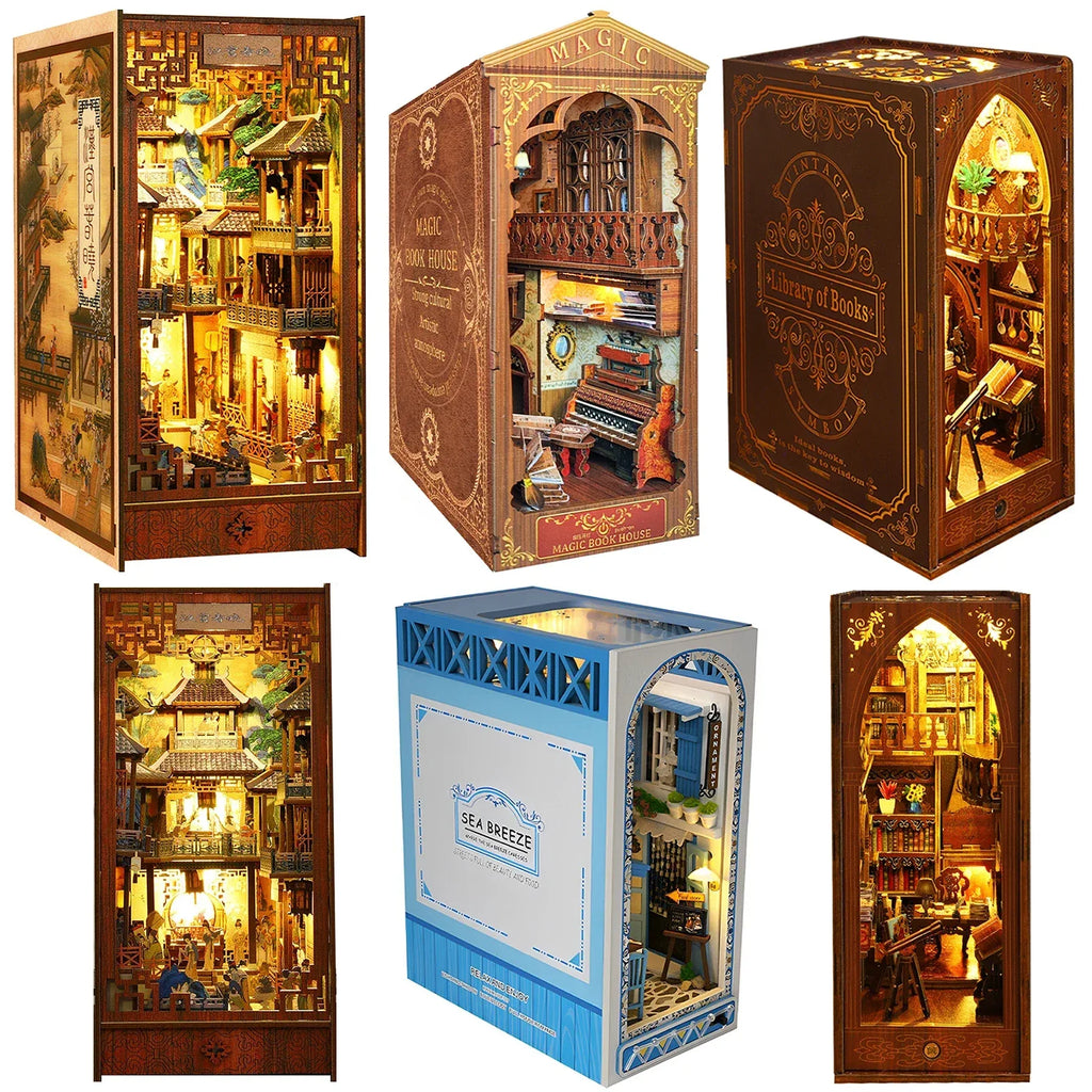 New DIY Book Nook Kit 3D Wooden Miniature Dollhouse Bookend Building with LED Light Bookshelf Decoration Birthday New Year Gifts - Luvia