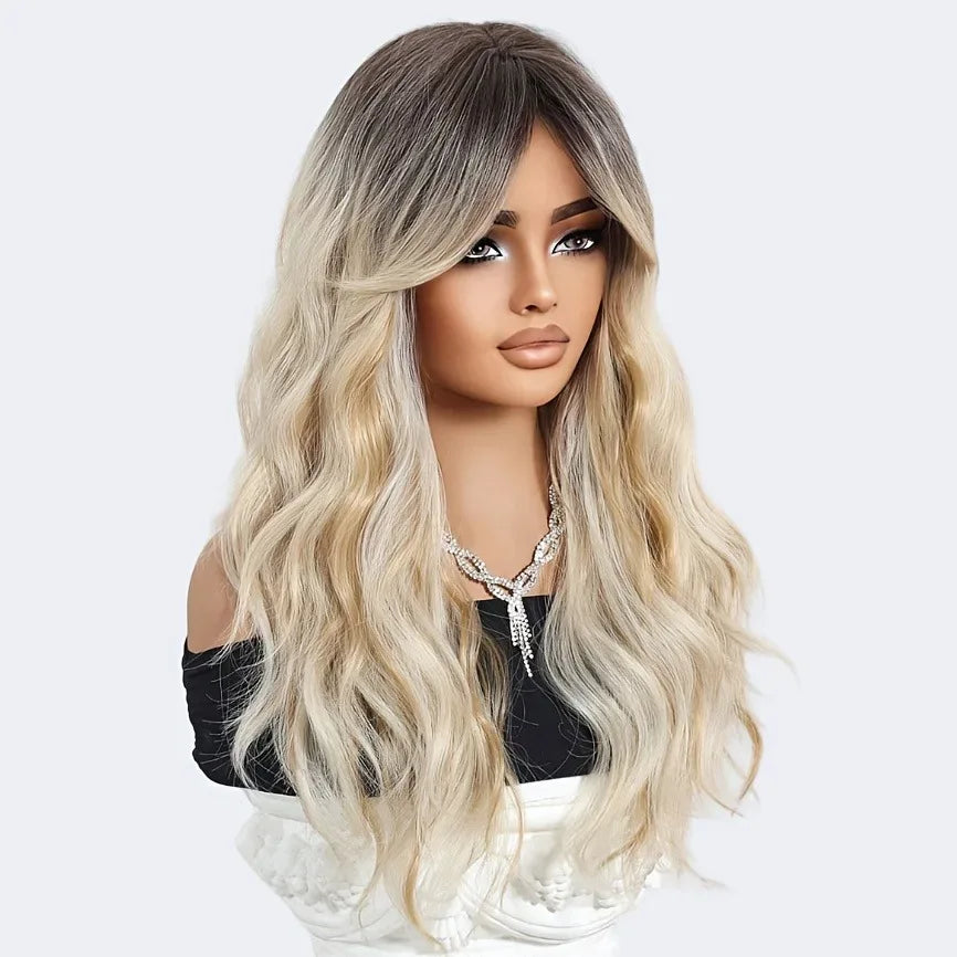 [Heat Resistant Wig] Elegant Heat Resistant Long Curly Wave Wig with Bangs | Synthetic Hair, Suitable for Beginners, Ideal for D - Luvia