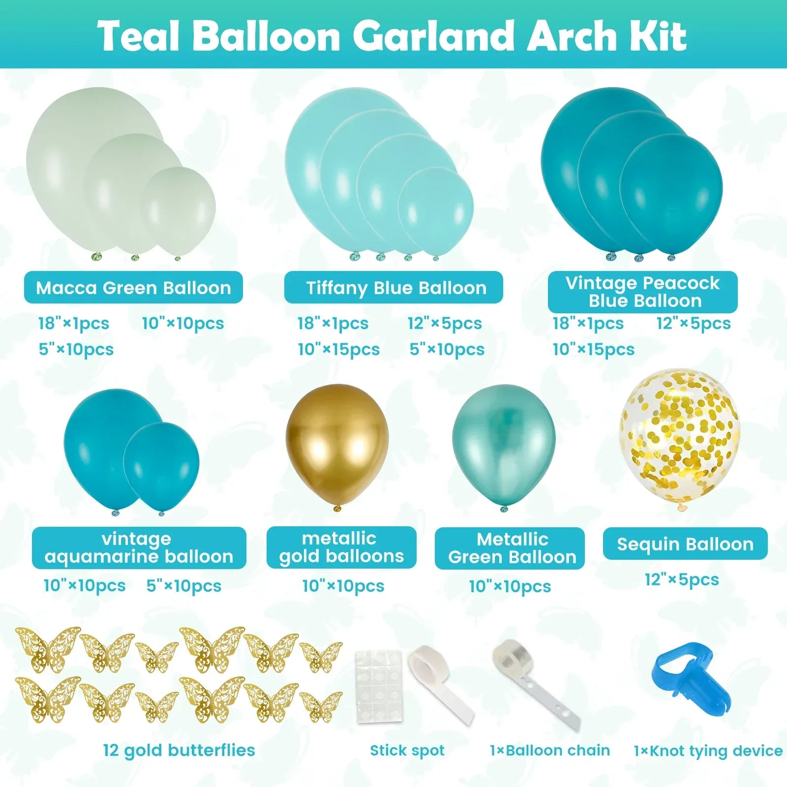 133Pcs Balloons Garland Arch Kit Latex Blue Green Balloons Turquoise Sequined Balloon with Butterfly Birthday Party Supply - Luvia