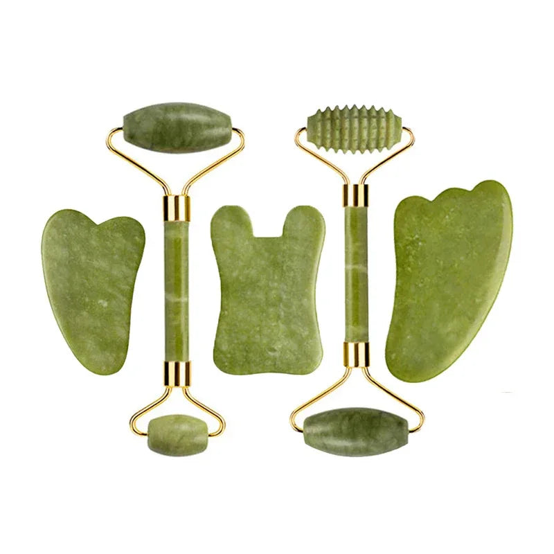 Natural Jade Roller Gua Sha Massage Set Guasha Board Comb Gouache Scraper Body Acupuncture Spa Facial Anti Aging Lifting Tools - Luvia