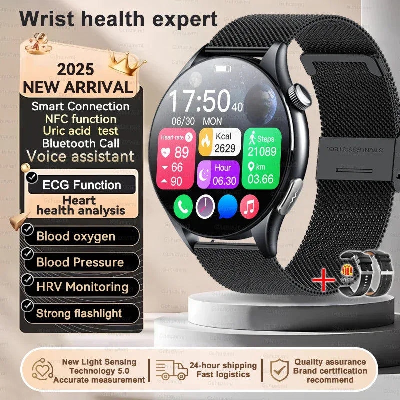2025 New Body Fat Analysis Health Smart Watch ECG+PPG Uric Acid Lipid Blood Pressure NFC Clock Call Smartwatches For Men Women - Luvia