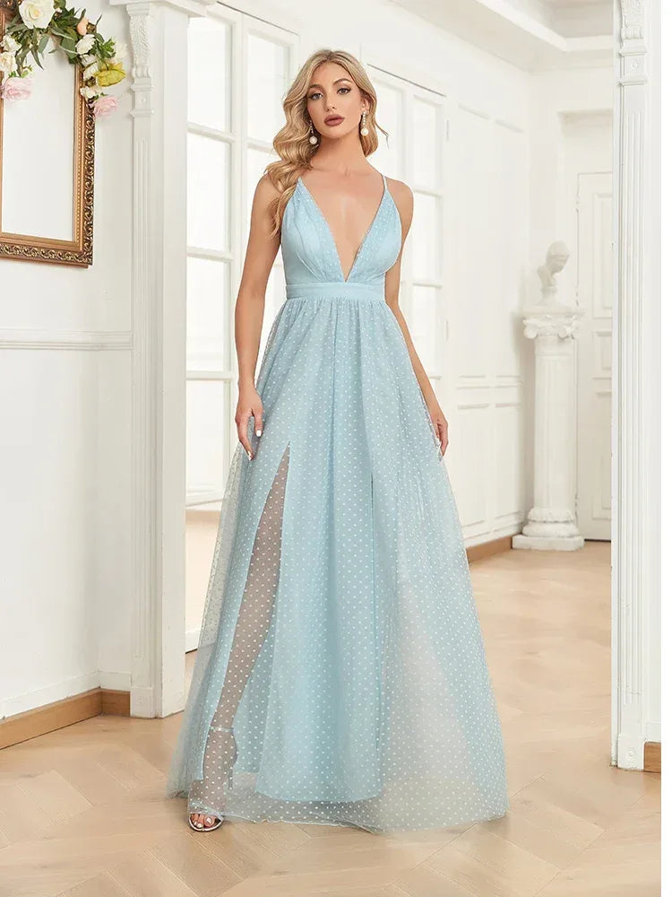 Elegant A-line Chiffon Evening Dresses Luxury Floor Lenght Backless Formal Deep V-neck Women Tulle Caicktail Wedding Party Gowns - Luvia