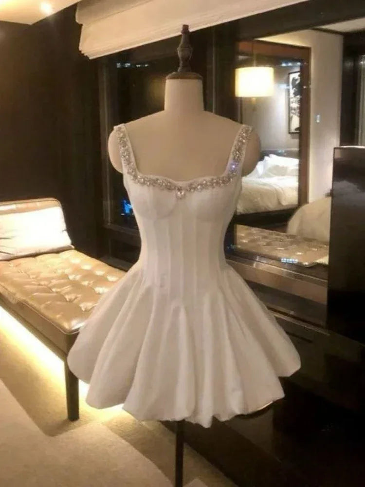 French Elegant Style Evening Party Short Dresses Women Vintage Rhinestone Strap Hepburn Dress Sweet Princess Clothing 2025 New - Luvia