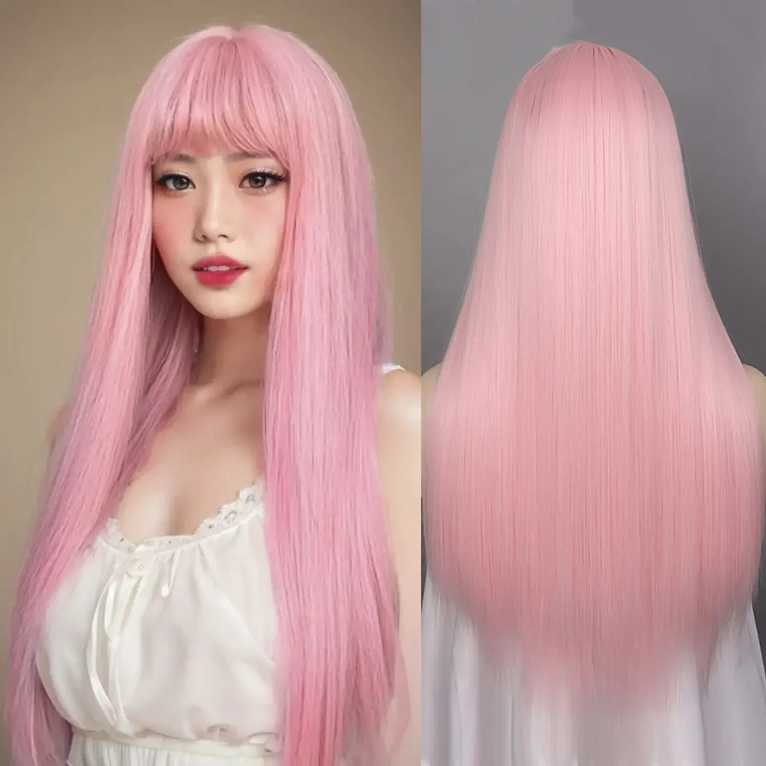 Synthetic Straight Wigs with Bangs Long Silky Heat Resistant Fiber Hair Full Machine Wig Cosplay Party Wig For Fashion Women - Luvia
