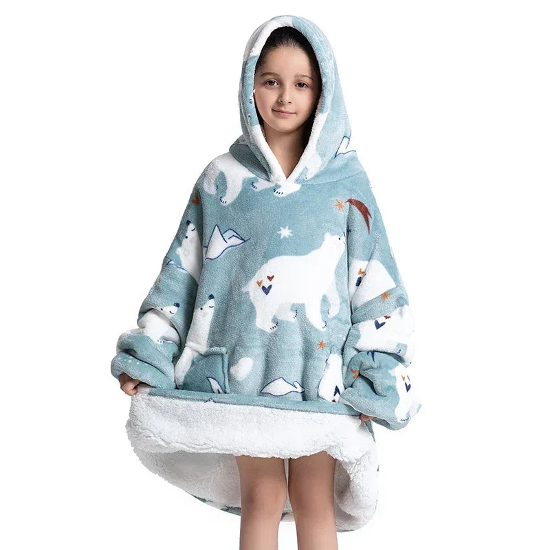 Oversized Wearale Blanket Hoodie Flannel Sherpa Fleece Warm Soft Winter Hoodie Sweatshirt for Kids Adults Home Blanket Snuggle - Luvia
