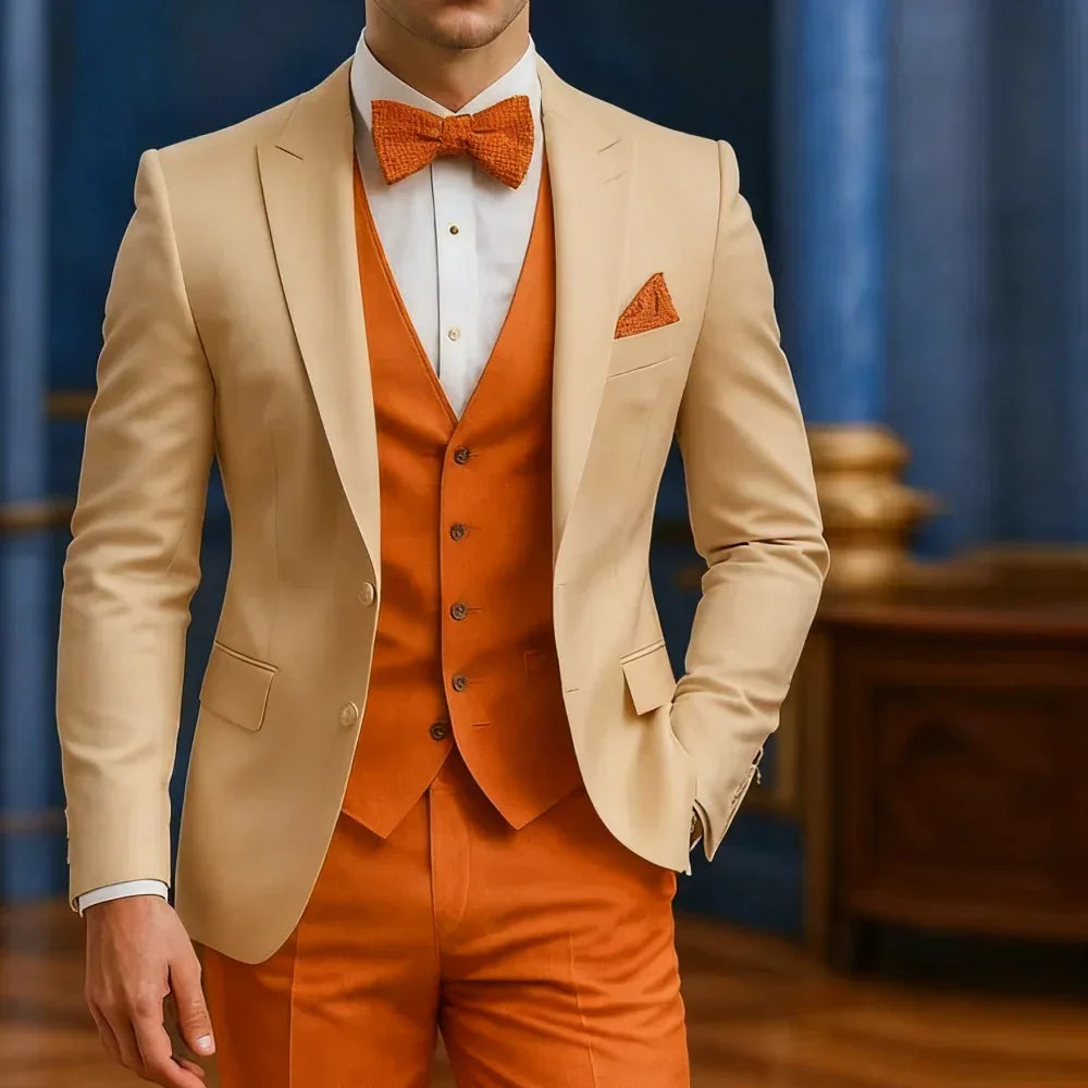 Men's Formal White And Orange Suit Occasion Wedding Groomsmen Graduation Dance Smoking 3 Piece Tuxedo Traditional Male Attire - Luvia