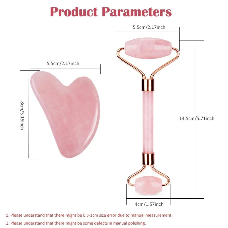 Natural Rose Quartz Jade Roller+Scraping Board Set Facial Massager Jade Stone Roller Gua Sha Face Lifting Massage Tool Skin Care - Luvia