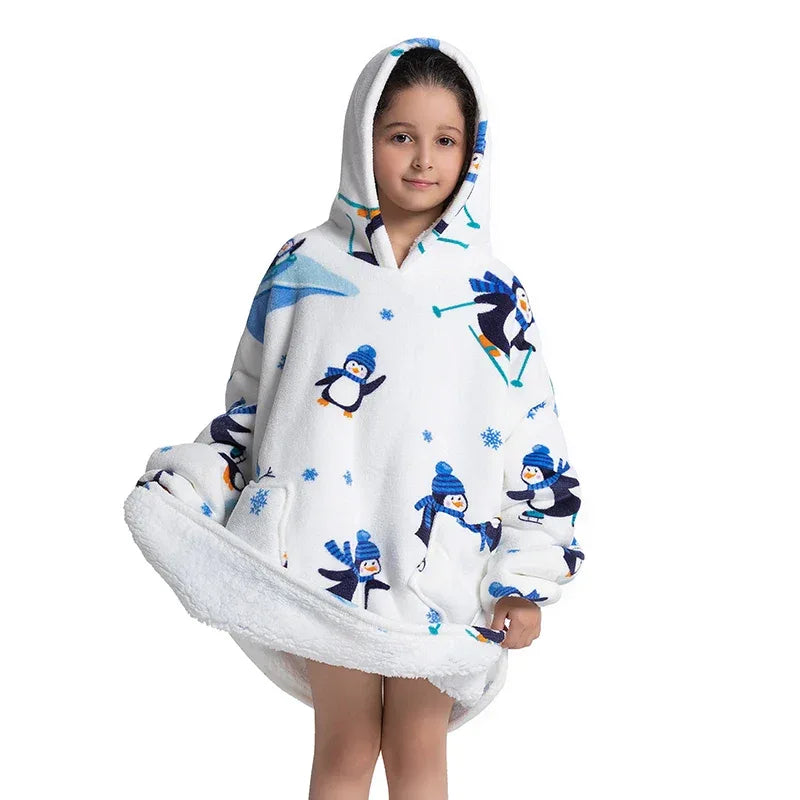 Oversized Wearale Blanket Hoodie Flannel Sherpa Fleece Warm Soft Winter Hoodie Sweatshirt for Kids Adults Home Blanket Snuggle - Luvia