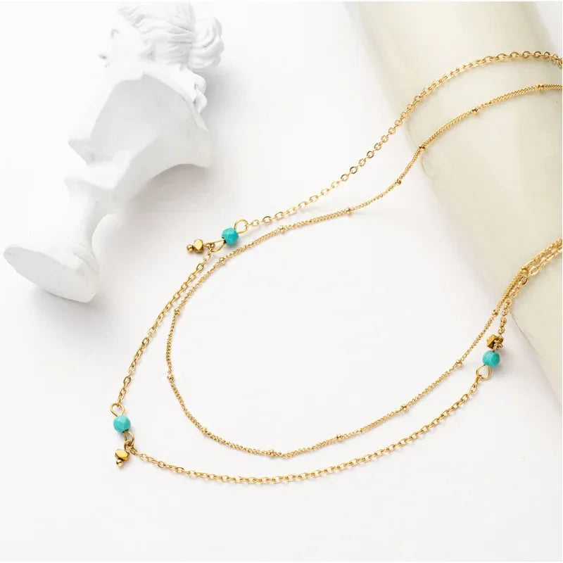 Gold Plated Stainless Steel Layered Necklace for Women Green Beads Pendant Choker Chain Necklaces Engagement Fashion Jewelry - Luvia