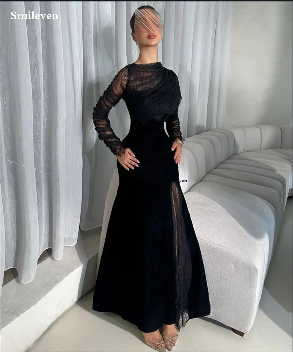 Smileven Long Sleeve Lace Evening Dresses Side Split Prom Maxi Dresses Modest Birthday Party Gowns Customized - Luvia