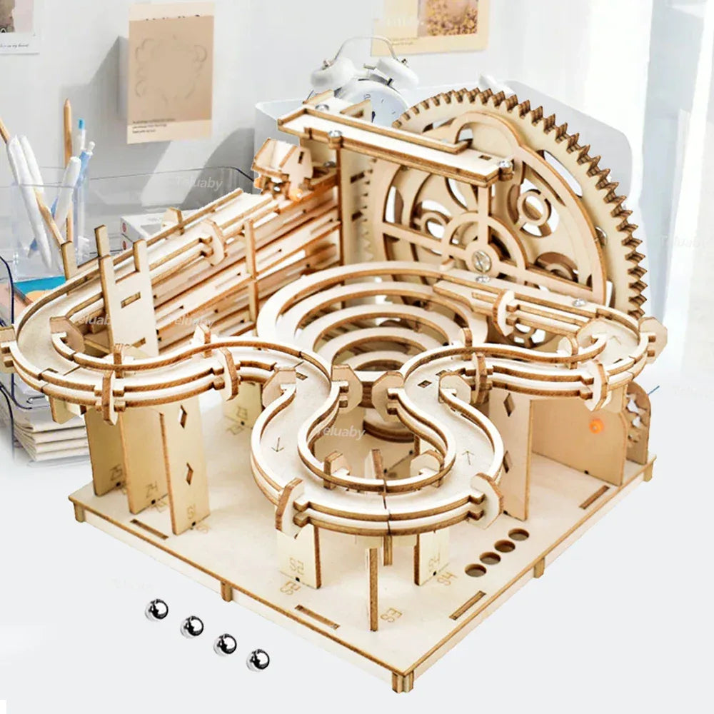 3D Wooden Puzzle DIY Mechanical Manual Model Building Kits Assemble Toys Marble Run Set with 4 Ball for Adult Kids Gifts - Luvia