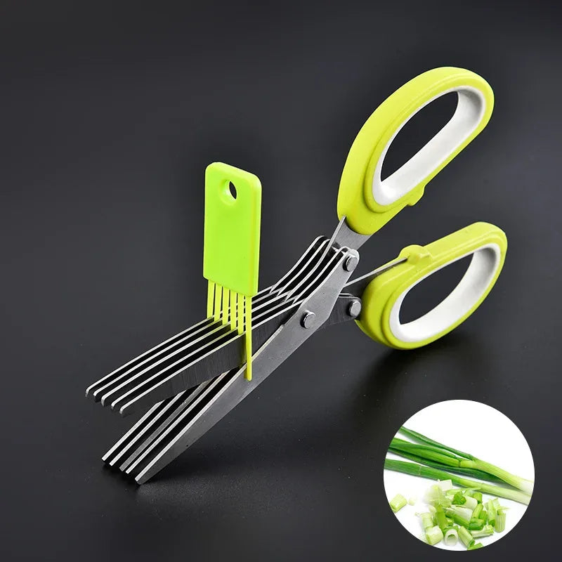Herb Scissors Stainless Steel 5 Blade Kitchen Shears Household Vegetable Cutter with Cover Multifunctional Kitchen Gadgets - Luvia