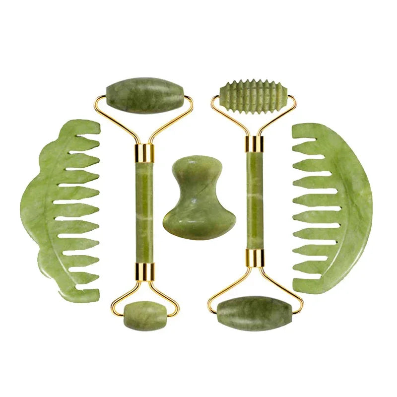 Natural Jade Roller Gua Sha Massage Set Guasha Board Comb Gouache Scraper Body Acupuncture Spa Facial Anti Aging Lifting Tools - Luvia